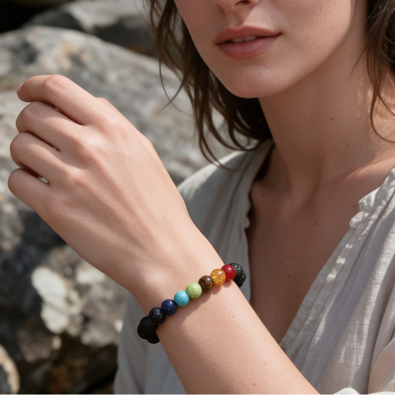 12pc Black Volcanic Stone Chakra Beaded Bracelet Set, Unisex